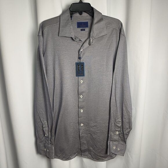 David Donahue Fusion Oxford Knit Shirt In Navy Gray Micro Print Sz 17.5 XL New - Picture 1 of 10